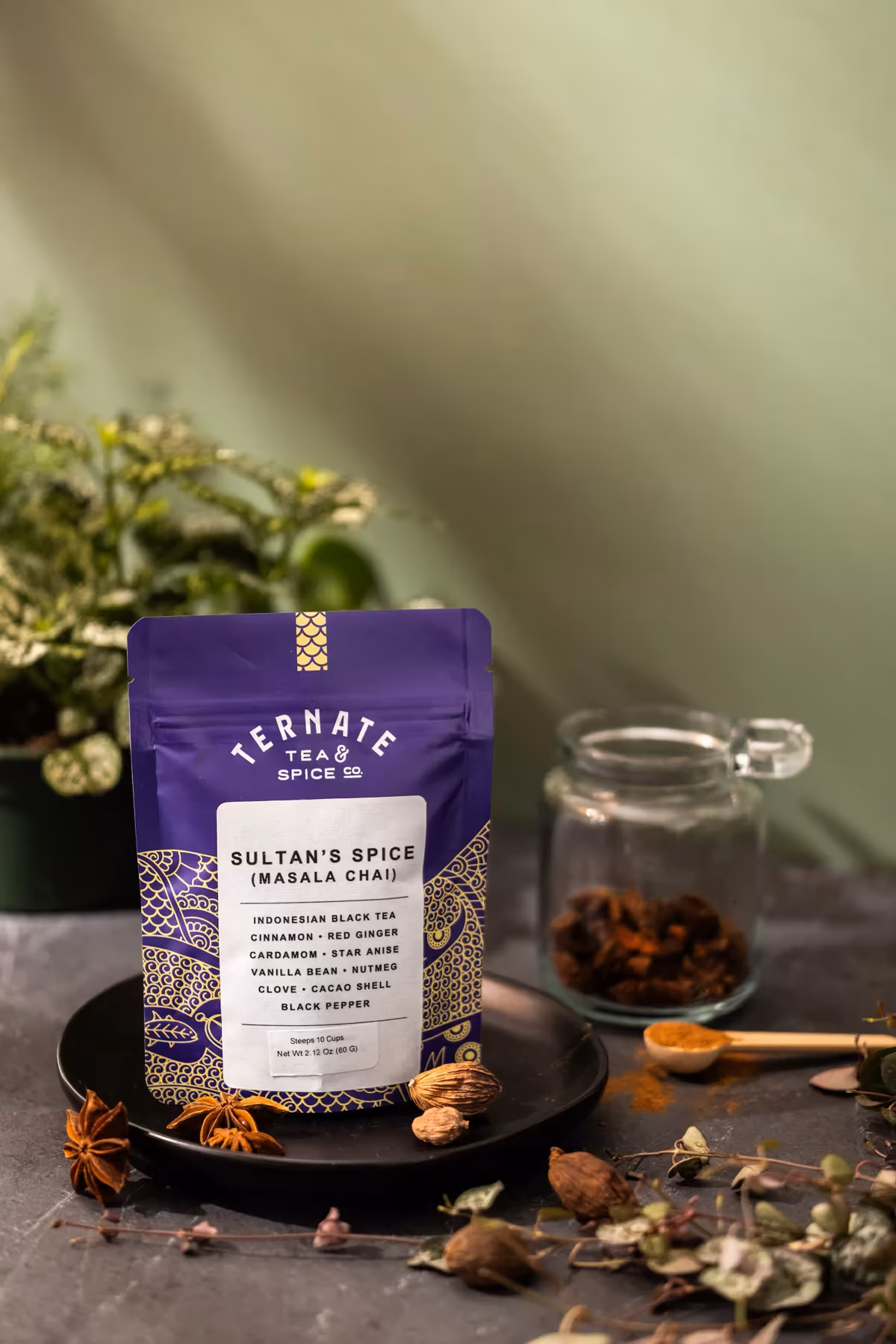 Sultan’s Spice loose leaf masala chai blend with Indonesian Black Tea and volcanic soil-grown spices from Ternate displayed in bulk packaging.