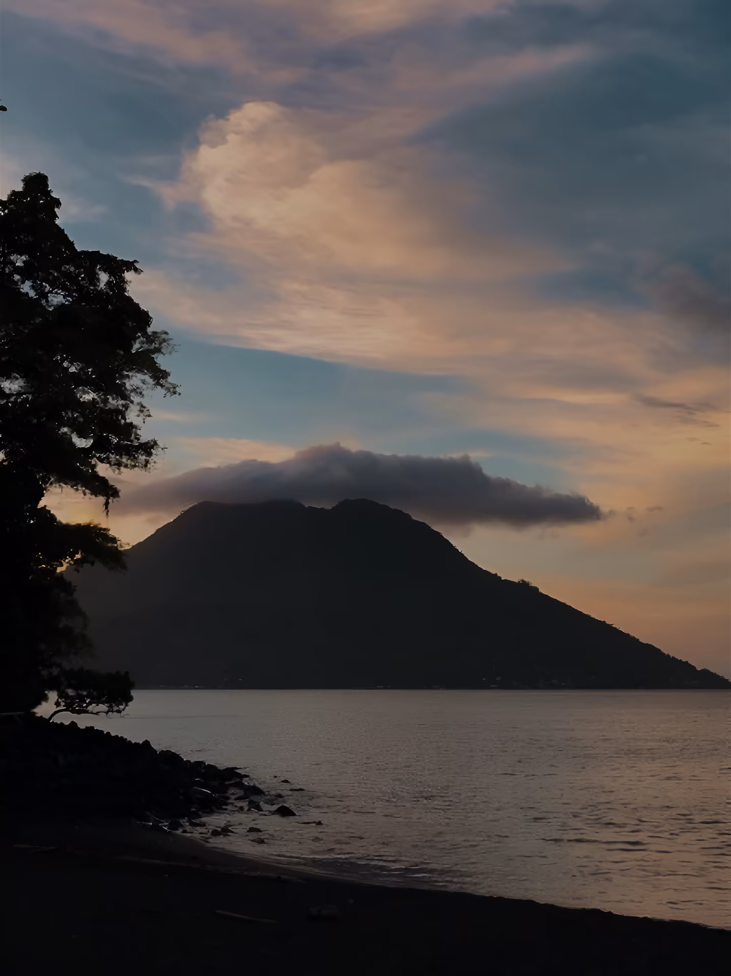 A serene view of Ternate Island’s volcano silhouetted against a soft, pastel-colored sunrise, with calm waters and a tree framing the foreground.